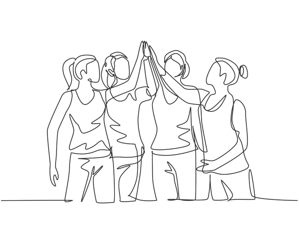 Four women high-fiving each other